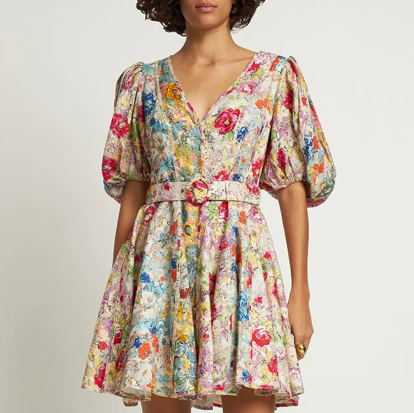 孟子义同款！Zimmermann 拼接设计泡泡袖连衣裙