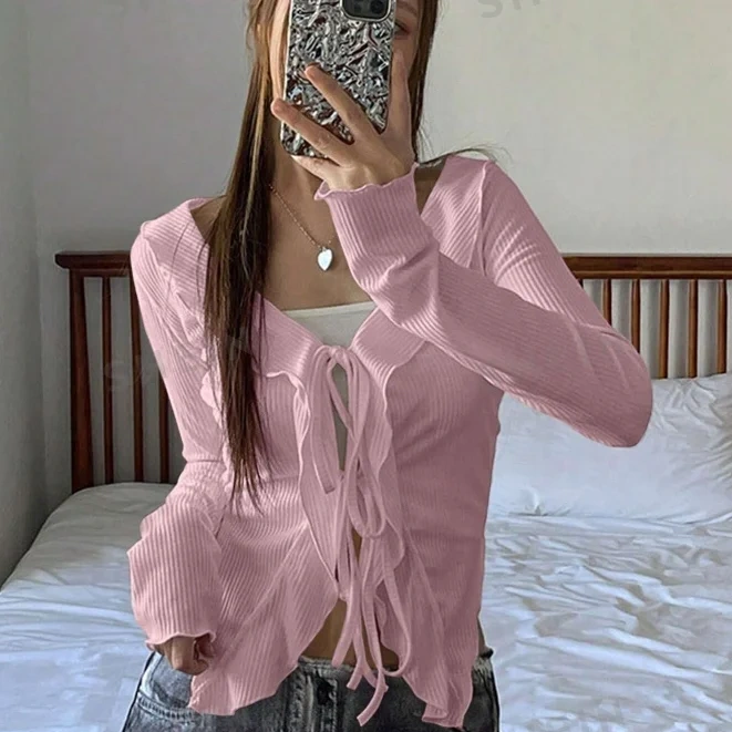 明星同款平替版！SHEIN DAZY 女式拼布荷叶边下摆前系带开衫 多色可选