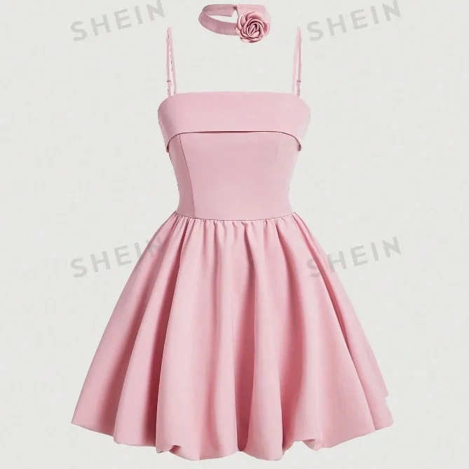SHEIN MOD 粉色吊带连衣裙 含花朵饰品