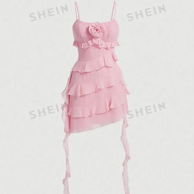 SHEIN MOD 纯色细肩带玫瑰装饰不对称连衣裙