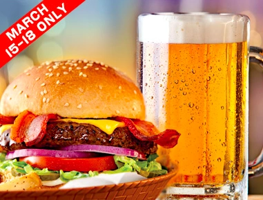 Chili's printable coupon: 购买2个汉堡，2杯啤酒，和不限量薯条特价