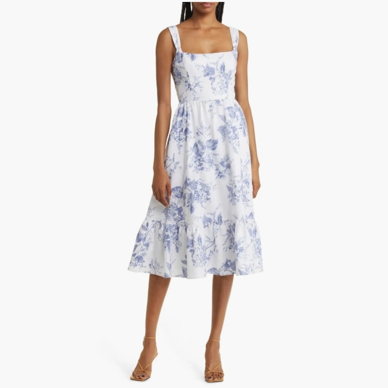 Reformation 花卉印花亚麻中长裙